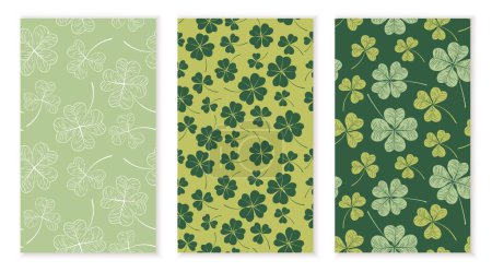 Illustration for Backgrounds with floral elements set. Beautiful shamrocks, symbol of traditional Irish holiday, plants and branches. Seamless pattern pack. Cartoon flat vector collection isolated on white background - Royalty Free Image