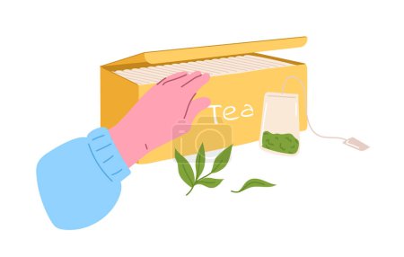 Illustration for Hand with tea concept. Traditional morning breakfast drink. Tasty liquid and beverage. Poster or banner for website. Cartoon flat vector illustration isolated on white background - Royalty Free Image