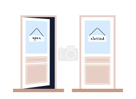 Illustration for Open and closed door concept. Entrance and exit in office or home. Doorway to garage. Posetr or banner for website. Cartoon flat vector illustration isolated on white background - Royalty Free Image