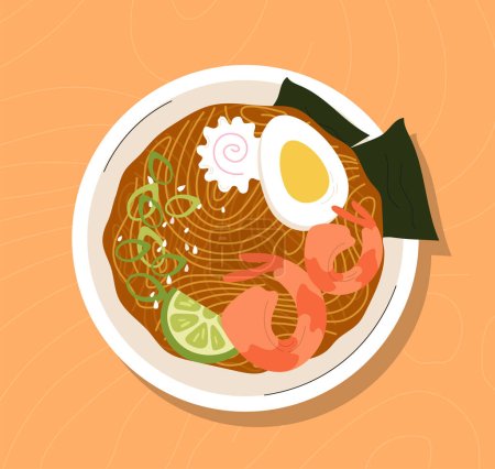 Illustration for Ramen top view. Shrimps and egg with noodles. Traditional Korean Cuisine. Kyushu, shoyu and kombu. Poster or banner for website. Cartoon flat vector illustration isolated on orange background - Royalty Free Image