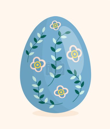 Illustration for Colored Easter egg concept. Icon for website. Blue circle with flowers. Poster or banner for website. Spring holiday or festival. Cartoon flat vector illustration isolated on white background - Royalty Free Image