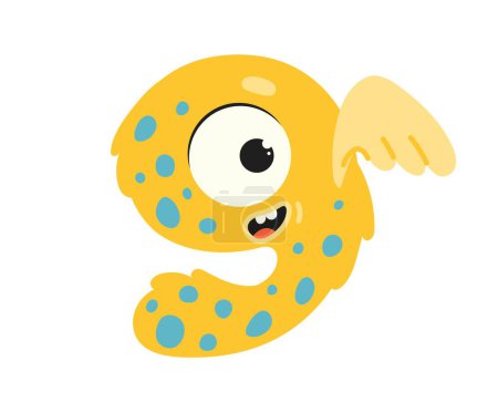 Illustration for Cute monster number 9 concept. Yellow mutant with eye and wings. Birthday and Halloween. Design element for greeting postcard. Cartoon flat vector illustration isolated on white background - Royalty Free Image