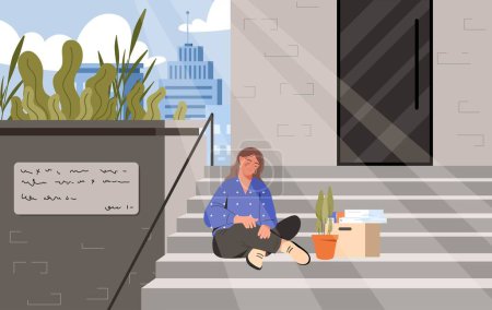 Illustration for Depressed businesswoman concept. Sad young girl sitting on steps with things. Bankruptcy and unemployment. Financial crisis and recession, inflation. Cartoon flat vector illustration - Royalty Free Image