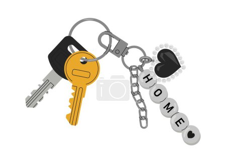 Illustration for Door keys with keyfobs concept. Icon for website. Ring with bunch of keys and charm. Private property security and protection. Cartoon flat vector illustration isolated on white background - Royalty Free Image