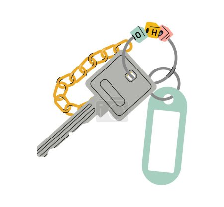 Illustration for Door keys with keyfobs concept. Accessory and souvenir. Safety for real estate and private propety. Template, layout and mock up. Cartoon flat vector illustration isolated on white background - Royalty Free Image