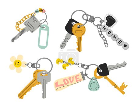 Door keys with keyfobs set. Security and protection of apartment. Bunch of things for opening locks, access to private property. Cartoon flat vector collection isolated on white background