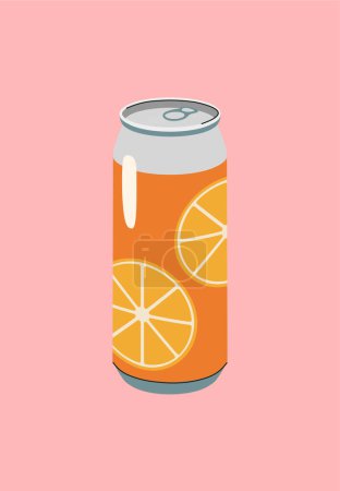 Ilustración de Concepto de bebida naranja retro. Estaño de aluminio, recipiente con soda o jugo. Fizzy sabroso líquido para el clima caliente o la temporada de verano. Ilustración vectorial plana de dibujos animados aislada sobre fondo rosa - Imagen libre de derechos