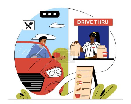 Illustration for Drive fast food concept. Man in car buys food from young girl with packages. Cafe and catering, small business. Buyer on vehicle at checkout. Burger, soda and sausage. Cartoon flat vector illustration - Royalty Free Image