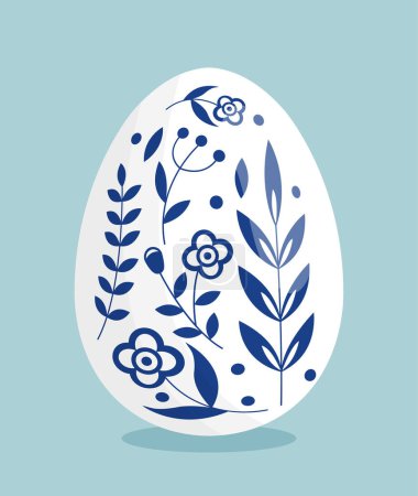 Illustration for Easter egg concept. Flowers blue pattern or ornament on white egg. Traditional holy festival and holiday. International event. Cartoon flat vector illustration isolated on blue background - Royalty Free Image