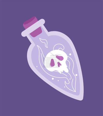 Illustration for Esoteric potion concept. Glass flag with skull silhouette. Poison and dangerous liquid. Fantasy and imagination, witchcraft and magic. Cartoon flat vector illustration isolated on violet background - Royalty Free Image