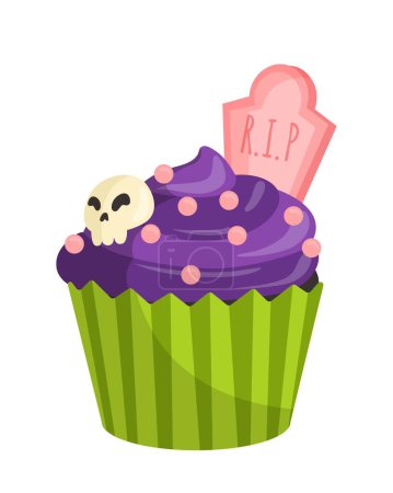 Illustration for Halloween cupcake concept. Dessert and delicacy for international holiday. Sweet and junk food, bakery. Violet cake with skull. Social media sticker. Cartoon flat vector illustration - Royalty Free Image