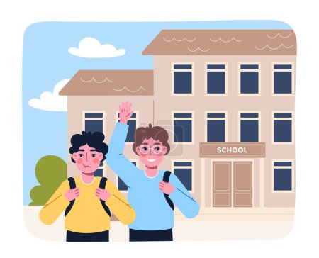 Illustration for Happy school children. Boys with backpacks stand against backdrop of school or university building. Day of Knowledge, 1 September. Education, learning and training. Cartoon flat vector illustration - Royalty Free Image