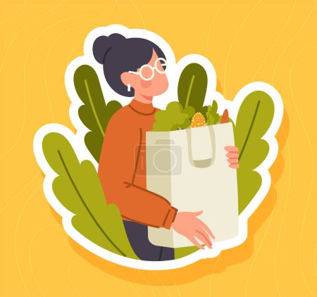 Illustration for Woman with healthy food sticker. Young girl with natural and organic products. Buyer with vegetables from grocery store or shop. Poster or banner for website. Cartoon flat vector illustration - Royalty Free Image