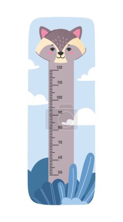 Illustration for Kids height raccoon chart. Scale or meter with centimeter and raccoon. Wall poster for children room, material for preschoolers. Cartoon flat vector illustration isolated on white background - Royalty Free Image