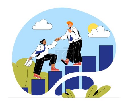 Illustration for Leadership and support concept. Men in suits climb growing pillars of graph. Teamwork and partnership. Employees and workers work on common project or task. Doodle flat vector illustration - Royalty Free Image