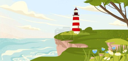 Lighthouse on seashore. Beautiful natural panorama and landscape. Lighting for sailors and sea travelers. Summer and spring season. Tall building on cliff. Cartoon flat vector illustration