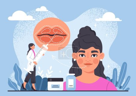 Illustration for Lip filler concept. Doctor with syringe near young girl. Plastic surgery and appearance changes. Beauty, aesthetics and elegance. Character in uniform with botox. Cartoon flat vector illustration - Royalty Free Image