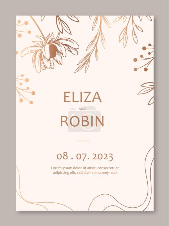 Illustration for Minimal wedding invitation. Luxury booklet with linear golden flowers, branches and plants. Aesthetics and elegance. Fashion and trend. Event and ceremony, anniversary. Flat vector illustration - Royalty Free Image