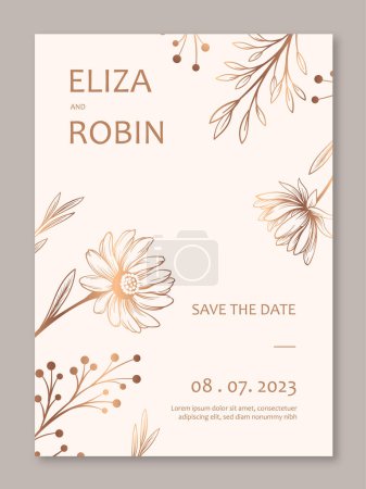 Illustration for Minimal wedding invitation. Flowers and blooming and blossom plants. Aesthetics and elegance. Anniversary or ceremony invitation, marriage. Template, layout and mock up. Flat vector illustration - Royalty Free Image