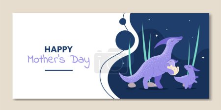 Illustration for Mothers day dino banner. Violet dinosaurus with eggs. Baby and mother, parent and kid. Design element for greeting postcard. Prehistoric animals, BC era. Cartoon flat vector illustration - Royalty Free Image