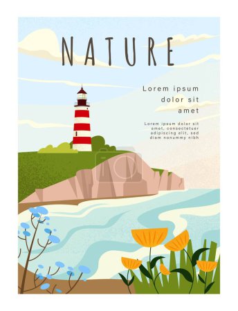 Illustration for Nature landscape concept. Lighthouse on rock near sea and river. Lighting for sea travelers. Poster or banner for website. Beautiful panorama in summer. Cartoon flat vector illustration - Royalty Free Image