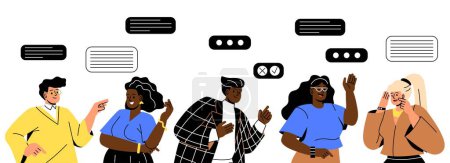 Illustration for People talking set. Men and women with speech bubbles. Communication and interaction. Students, friends or colleagues discussing rumors. Cartoon flat vector collection isolated on white background - Royalty Free Image