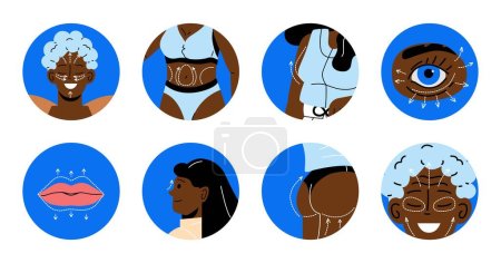 Illustration for Plastic surgery icons set. Beauty and aesthetics, surgery to correct shape of body or face. Treatment and lifting, reconstruction. Cartoon flat vector collection isolated on white background - Royalty Free Image