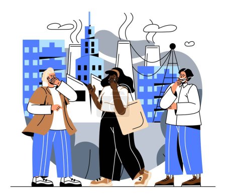 Illustration for Air pollution concept. Men and women in masks cover their mouths with their hands. Dirty production and factory, energy station. Caring for ecology and environment. Cartoon flat vector illustration - Royalty Free Image