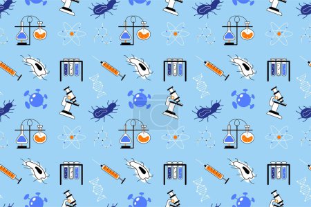Illustration for Science lab seamless pattern. Repeating design element for printing on fabric. Microscope, syringe, molecule and test tubes. Laboratory inventory for experiments. Cartoon flat vector illustration - Royalty Free Image
