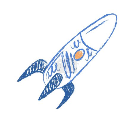 Illustration for Rocket childrens drawing. Blue spaceship for travels and adventures. Fantasy and imagination. Sticker for social networks and messengers. Linear flat vector illusdtration isolated on white background - Royalty Free Image