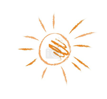 Ilustración de Dibujo de niños sol. Símbolo de temporada de verano y clima cálido. Círculo naranja con líneas. Creatividad y arte. Cartel o pancarta. Ilustración lineal vectorial plana aislada sobre fondo blanco - Imagen libre de derechos