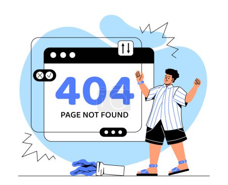 Illustration for 404 error page not found line concept. Man stands near browser window with numbers and error. Wrong site address, broken link and technical problems. Cartoon flat vector illustration - Royalty Free Image