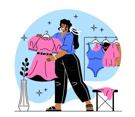 Illustration for Fashion and dress choice concept. Young girl in wardrobe or supermarket chooses clothes. Aesthetics and elegance. Shopper in mall with pink trendy apparel. Cartoon flat vector illustration - Royalty Free Image