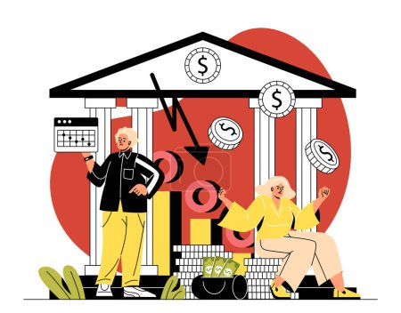 Ilustración de Crisis financiera doodle vector concepto. Hombre y mujer sentados frente al edificio del banco y gráfico cayendo. Recesión, bancarrota e inflación, problemas financieros. Dibujos animados ilustración plana - Imagen libre de derechos