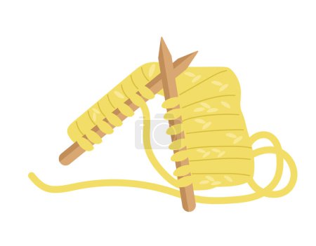 Téléchargez les illustrations : Aiguilles à tricoter avec fil jaune concept. Vêtements faits à la main et chauds. Mode, tendance et style. Aiguille et couturière. Illustration vectorielle plate de bande dessinée isolée sur fond blanc - en licence libre de droit