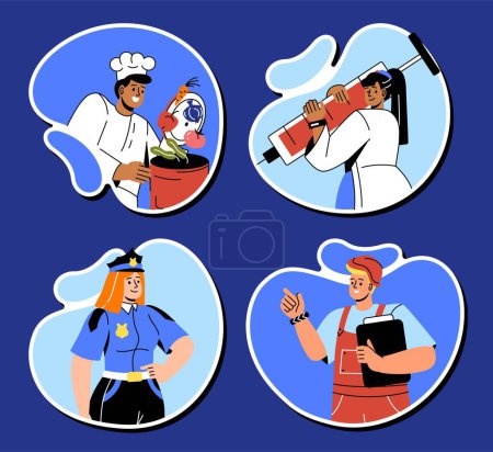 Illustration for Different jobs stickers set concept. Cook with vegetables near pot, nurse with syringe, policeman and worker in uniform and protective hat. Cartoon flat vector collection isolated on blue background - Royalty Free Image