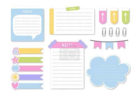 Illustration for Paper sticky set vector concept. Organization of effective educational process. Bookmarks pack for kids. Training and learning, reading. Cartoon flat vector collection isolated on white background - Royalty Free Image