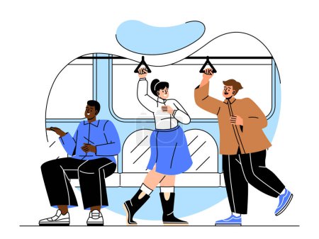 Ilustración de La gente en el metro concepto de vectores de coches. Hombres y mujeres viajan en metro. Transporte público e infraestructura urbana. Pasajeros. turistas y viajeros de viaje. Dibujos animados ilustración vector plano - Imagen libre de derechos