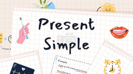 Illustration for Preview present simple vector concept. English lessons. Teaching and education at school or university. International language of communication. Grammar learning. Cartoon flat illustration - Royalty Free Image