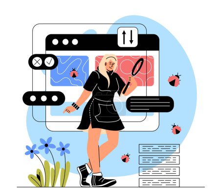 Illustration for Quality assurance vector concept. Women with magnifying glass looking for bugs. Girl corrects errors in code of program or application. IT specialist and programmer. Cartoon flat illustration - Royalty Free Image