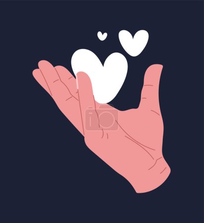 Illustration for Hand holding white hearts concept. Generosity and kindness, donations to charity fornd. Activist and volunteer shares love. Sticker for social networks and messengers. Cartoon flat vector illustration - Royalty Free Image