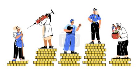 Illustration for People with difference in wages concept. Cleaning lady, policeman, worker and nurse stand on stacks of gold coins. Social money gap. Cartoon flat vector illustration isolated on white background - Royalty Free Image