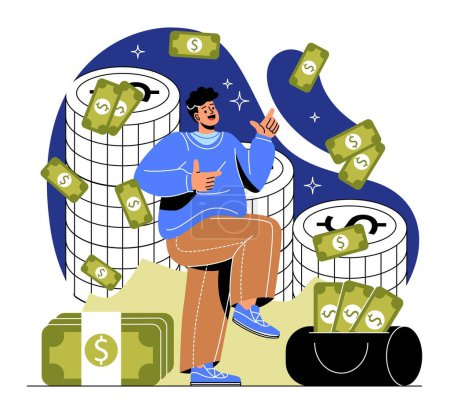 Illustration for Wealthy man with banknotes concept. Young guy dancing near big black bag of cash. Financial literacy and passive income. Successful trader, entrepreneur or investor. Cartoon flat vector illustration - Royalty Free Image
