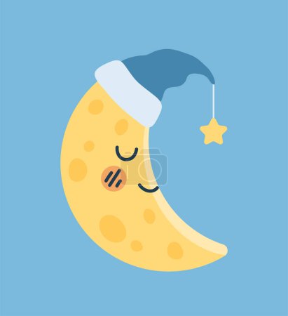 Illustration for Cute yellow crescent concept. Adorable character in sky with hat with stars. Dream, rest and relax. Night time and correctd day regime. Template and mock up. Cartoon flat vector illustration - Royalty Free Image