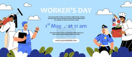 Illustration for International workers day banner. Men and women in uniform next to text. May 1 festival, labor day. Design element for greeting postcard. Cook, nurse and policeman. Cartoon flat vector illustration - Royalty Free Image