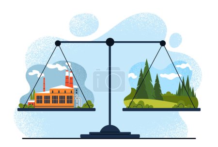Illustration for Balance ecology climate on scales concept. Plant with emission of waste in balance with forest. Emission and absorption of CO2. Caring for planet and ecology. Cartoon flat vector illustration - Royalty Free Image