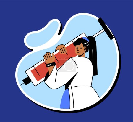 Illustration for Nursery with syringe sticker concept. Woman in uniform with medicine. Young girl with drug. Character treating patient. Cartoon flat vector illustration isolated on blue background - Royalty Free Image