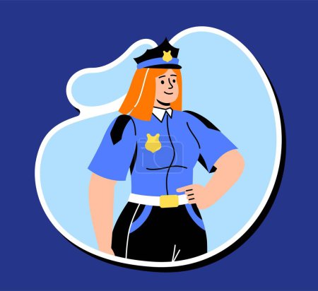 Illustration for Policewoman with badge sticker concept. Young girl in uniform monitors order on streets and observance of law. Public servant. Cartoon flat vector illustration isolated on blue background - Royalty Free Image