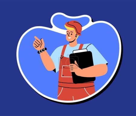 Illustration for Builder in uniform sticker concept. Construction and engineering, architecture. Young male with construction plan, blueprint. Cartoon flat vector illustration isolated on blue background - Royalty Free Image