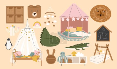 Illustration for Nursery room accessories set concept. Bed and pouffes in shape of animals, lullaby with pendants. Penguin, bear and crocodile toys. Cartoon flat vector collection isolated on beige background - Royalty Free Image